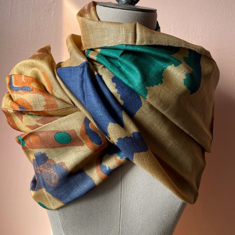 Handmade vintage rusty colors/turquoise silk scarf